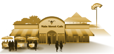 Illustration represents restaurants and dining portion of the virtual community.