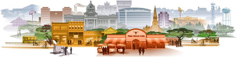 Illustration of a variety of buildings represents the Virtual Campus.