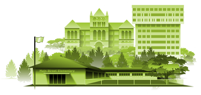 Illustration of school buildings represents Education section of the Virtual Community.