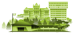 Illustration of school buildings represents Education section of the Virtual Community.